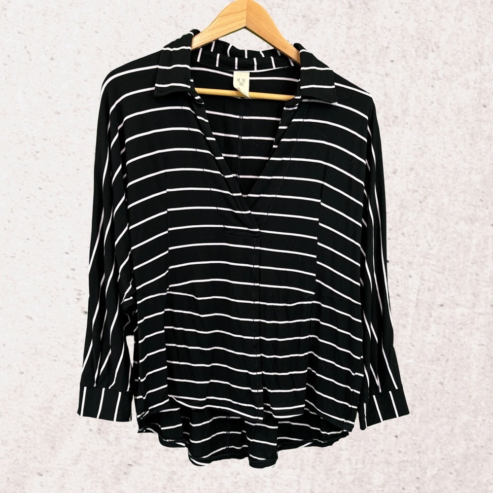 We The Free Black and White Button Down Polo Blouse
